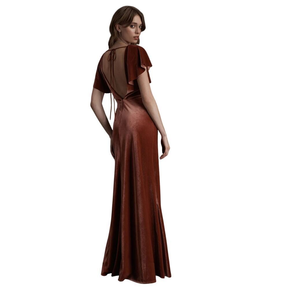 Jenny Yoo Elliss Flutter Sleeve Open Back Velvet Maxi Dress size 6 English Rose - Picture 2 of 12
